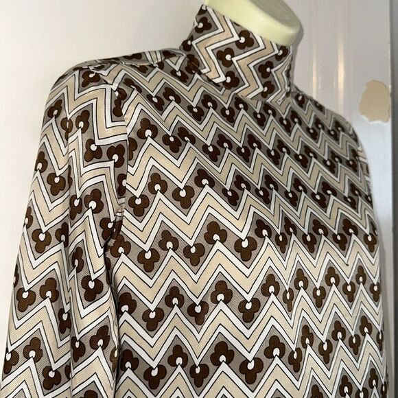 Vtg  60s/70s Country Set Brown, White & Tan Zig Zag Pattern Long Sleeve Blouse - Picture 5 of 9